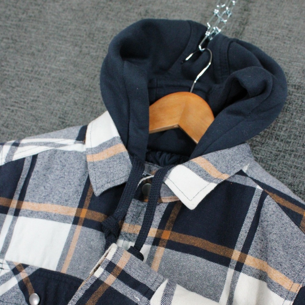 Cloudveil Mountainworks Hooded Flannel Shirt Jacket Navy Tan Plaid Small